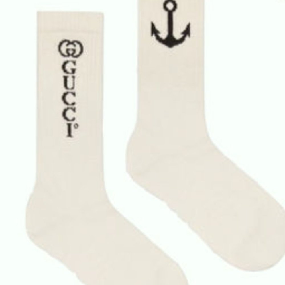 Gucci White Navy Logo Anchor Ribbed Stretch Cotton Sock
